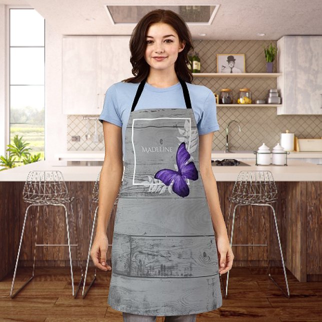 Purple Butterfly Rustic Personalised Apron (Purple Butterfly Rustic Personalized Apron)