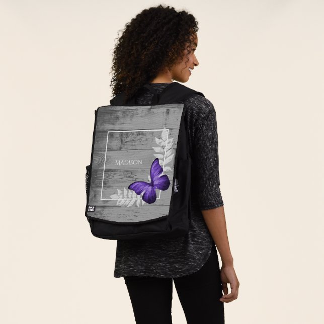 Purple Butterfly Rustic Personalised Backpack (Worn)