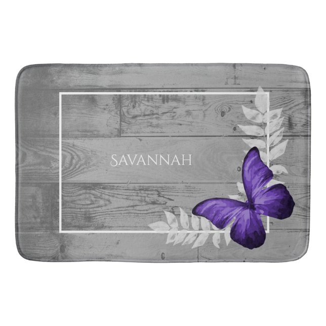 Purple Butterfly Rustic Personalised Bath Mat (Front)