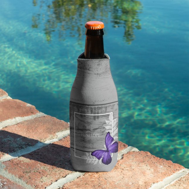 Purple Butterfly Rustic Personalised Bottle Cooler (In Situ Pool)