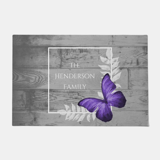 Purple Butterfly Rustic Personalised Doormat (Front)