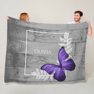 Purple Butterfly Rustic Personalised Fleece Blanket