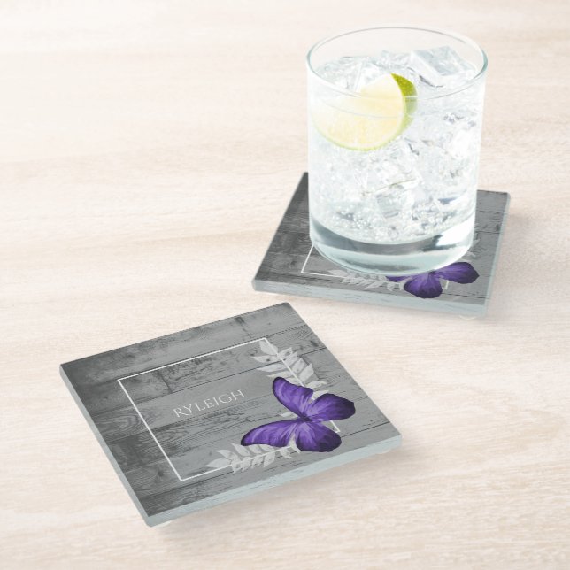 Purple Butterfly Rustic Personalised Glass Coaster (Angled)