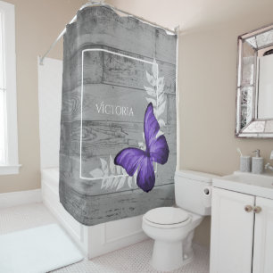 Purple Butterfly Rustic Personalised Shower Curtain