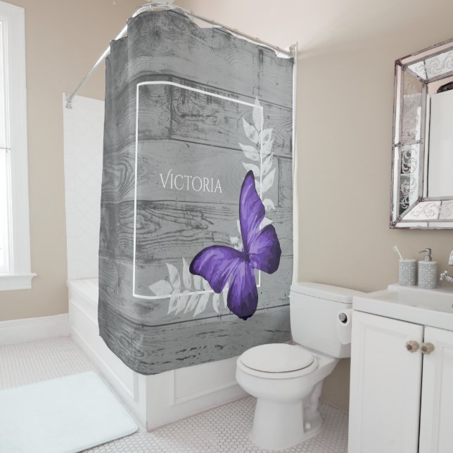Purple Butterfly Rustic Personalised Shower Curtain (In Situ)