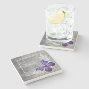 Purple Butterfly Rustic Personalised Stone Coaster