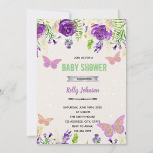 Purple butterfly shower birthday invitation