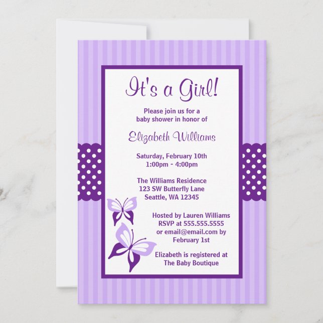 Purple Butterfly Stripes and Dots Baby Shower Invitation (Front)