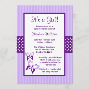 Purple Butterfly Stripes and Dots Baby Shower Invitation