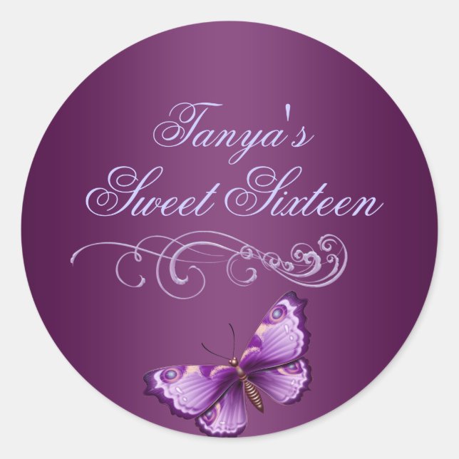 Purple Butterfly Sweet 16 Envelope Sticker/seal Classic Round Sticker (Front)