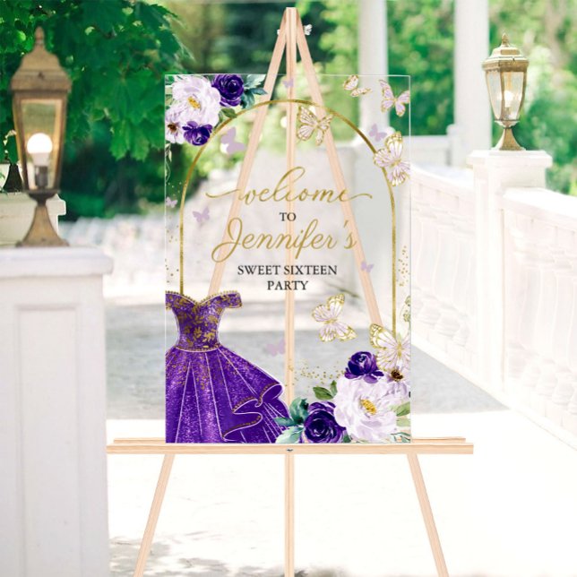 Purple Butterfly Sweet 16 Welcome Acrylic Sign (Creator Uploaded)