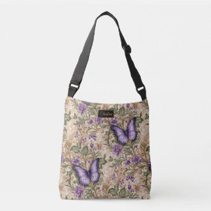 Purple Butterfly Taupe and Sage Herbal Crossbody Bag