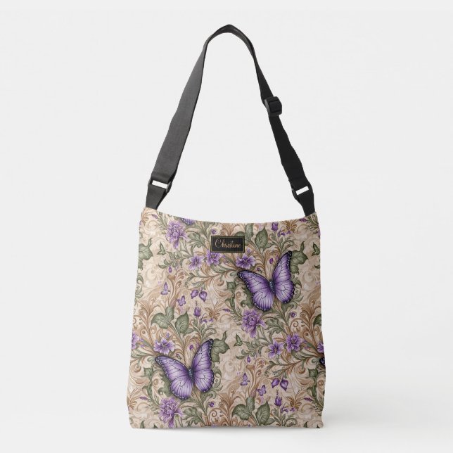 Purple Butterfly Taupe and Sage Herbal Crossbody Bag (Front)