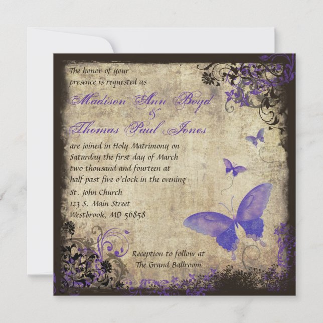 Purple Butterfly Vintage Square Wedding Invitation (Front)