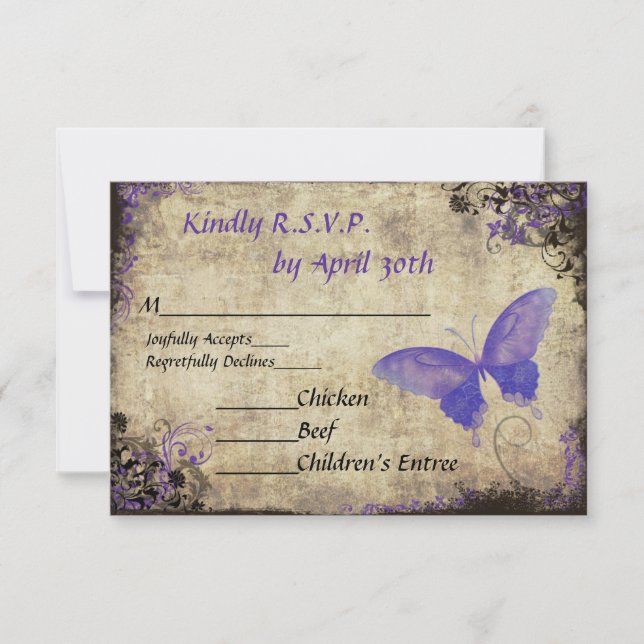 Purple Butterfly Vintage Wedding RSVP Invitation (Front)