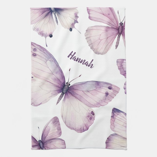 Purple Butterfly Watercolor Elegant CUSTOM NAME Tea Towel (Vertical)