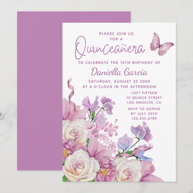 Purple Butterfly Watercolor Floral Quinceañera Invitation (Front/Back)