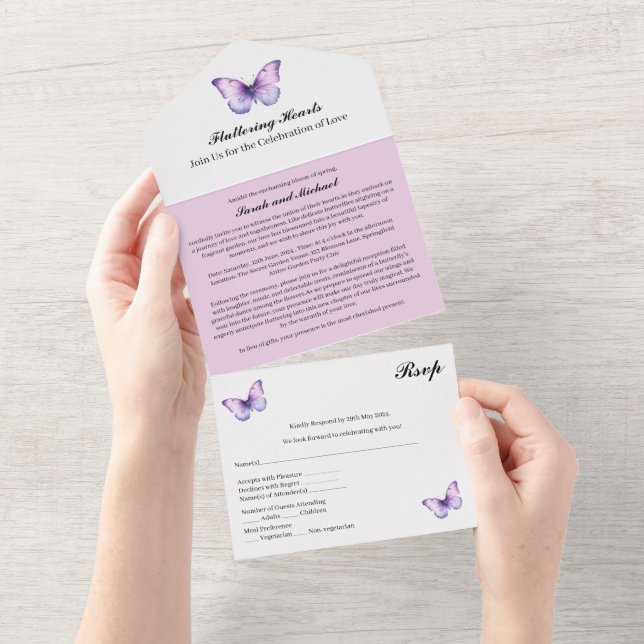 Purple Butterfly Wedding All In One Invitation (Tearaway)
