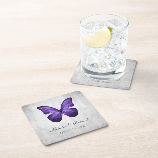Purple Butterfly Wedding Paper Coasters (Insitu)
