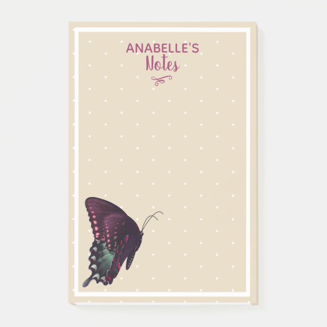 Purple Butterfly & White Dots Personalised Post-it Notes (Front)