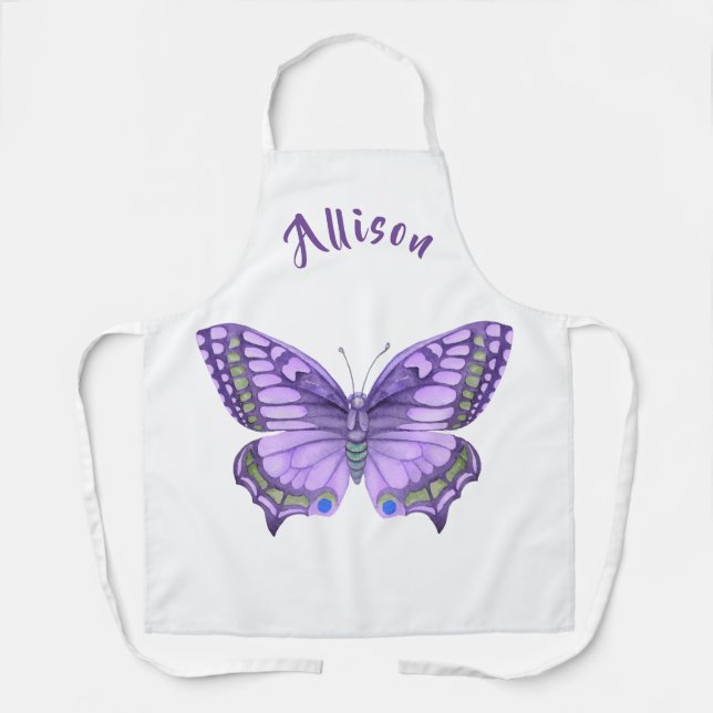 Purple Butterfly White Women's Name Apron (Front)
