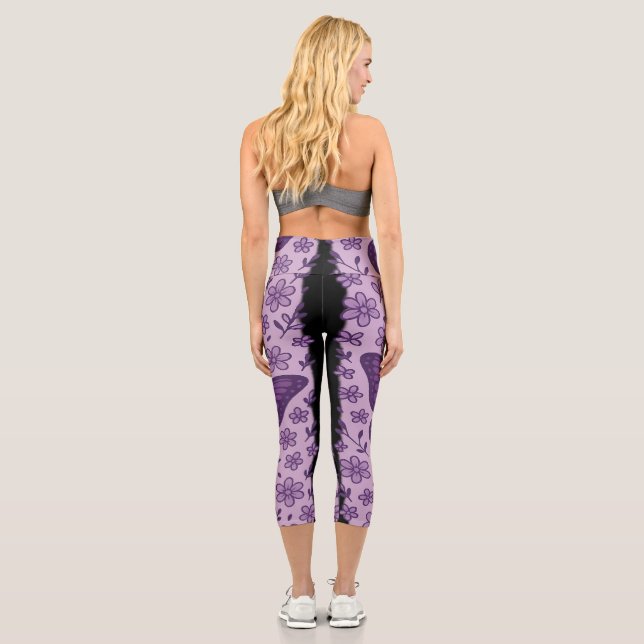 Purple Butterfly with Floral Pattern Capri Leggings (Back)
