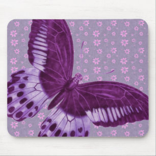 Purple Butterfly with Floral Pattern Mouse Mat