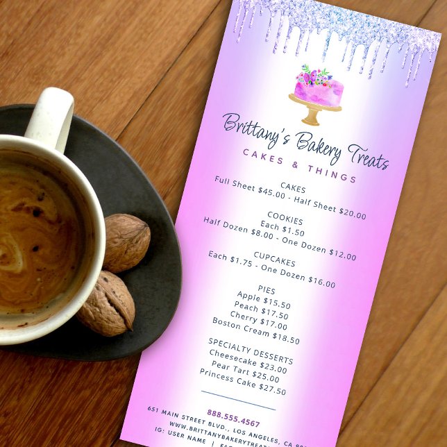 Purple Cake Bakery Glitter Drips Pastry Chef Menu (Creator Uploaded)