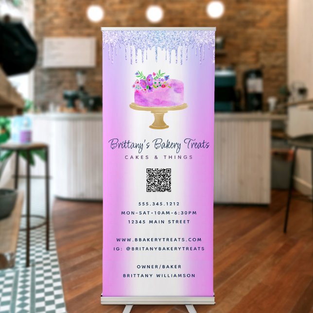 Purple Cake Glitter Drips QR Code Bakery Café Name Retractable Banner (Creator Uploaded)