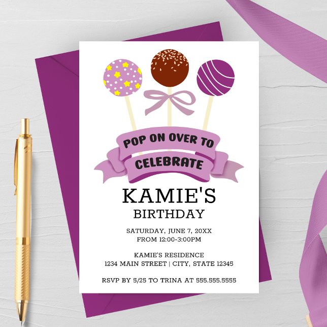 Purple Cake Pops Birthday Party Invitation (Purple Cake Pops Birthday Party Invitation)