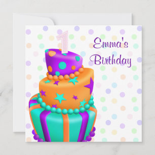 Purple Cake Presents Girls 1st Birthday Party Invitation