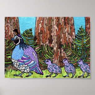 Purple California Quail with Babies Mini Folk Art Poster