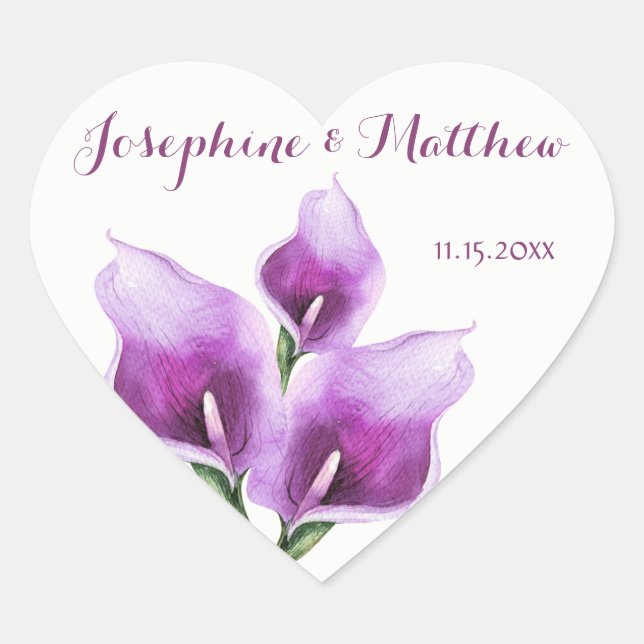 Purple Calla Lillies Watercolor Wedding Stickers (Front)