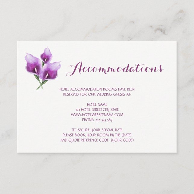 Purple Calla Lily Floral Wedding Accommodations Enclosure Card (Front)