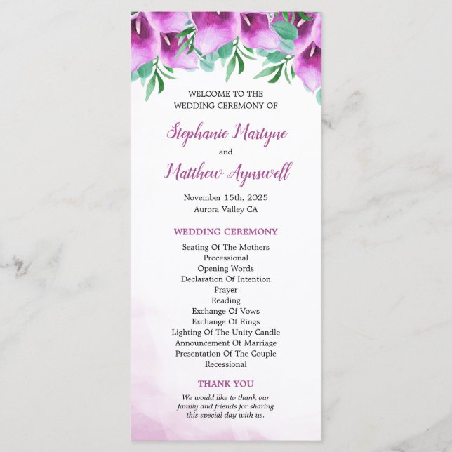 Purple Calla Lily Floral Wedding Ceremony Programme (Front)