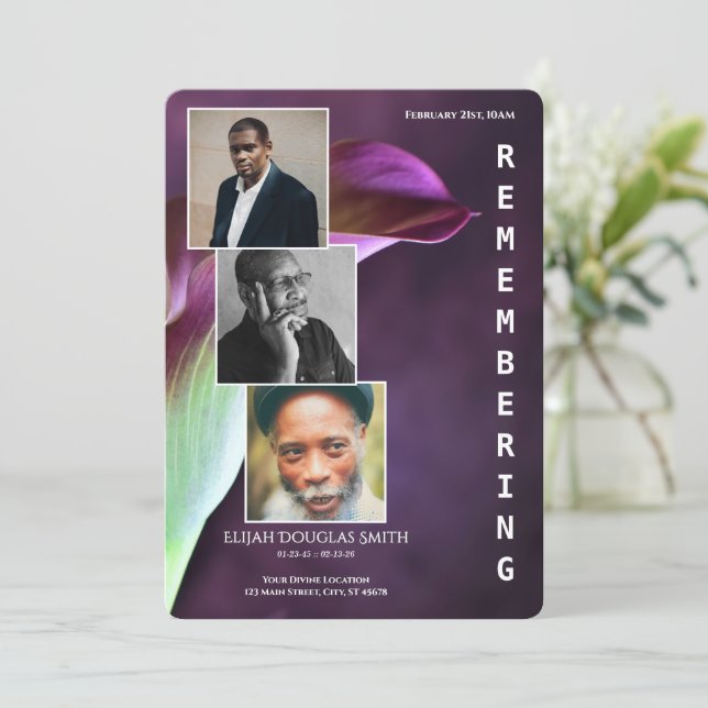 Purple Calla Lily Funeral Program with 3 Photos Announcement (Standing Front)