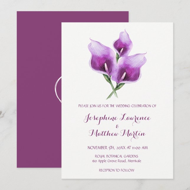 Purple Calla Lily Monogram Wedding Invitations (Front/Back)