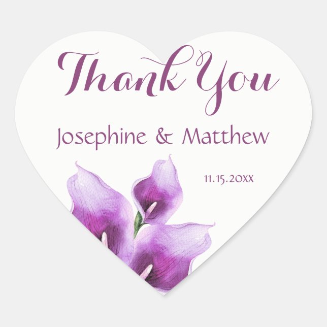 Purple Calla Lily Watercolor Wedding Thank You Heart Sticker (Front)