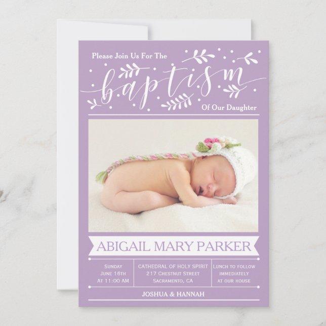 Purple Calligraphy Baptism Photo Invitation Card (Front)