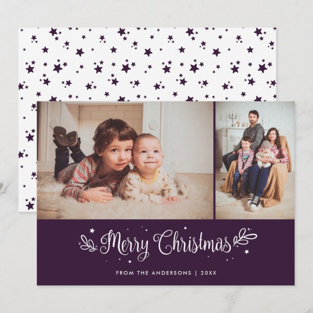 Purple Calligraphy Merry Christmas Photo Cards (Front/Back)