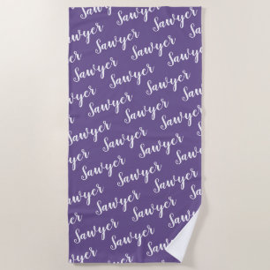 Purple Calligraphy Personalised Repeat Name Beach Towel