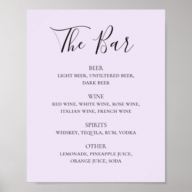 Purple calligraphy script wedding drinks bar menu poster (Front)