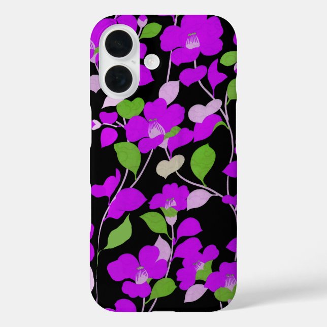 PURPLE CAMELLIAS,WHITE GREEN LEAVES BLACK Floral Case-Mate iPhone Case (Back)