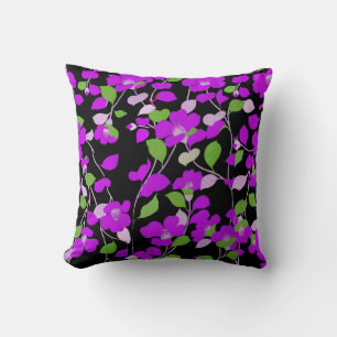 PURPLE CAMELLIAS,WHITE GREEN LEAVES BLACK Floral Cushion