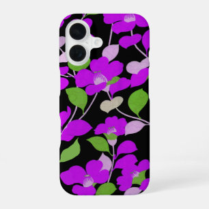 PURPLE CAMELLIAS,WHITE GREEN LEAVES BLACK Floral iPhone 16 Case