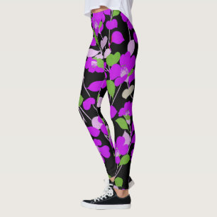 PURPLE CAMELLIAS,WHITE GREEN LEAVES BLACK Floral Leggings