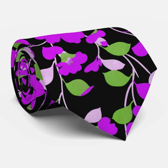 PURPLE CAMELLIAS,WHITE GREEN LEAVES BLACK Floral Tie (Rolled)