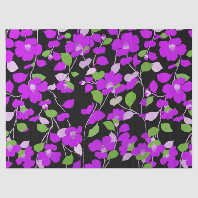 PURPLE CAMELLIAS,WHITE GREEN LEAVES BLACK Floral Tissue Paper (Front)