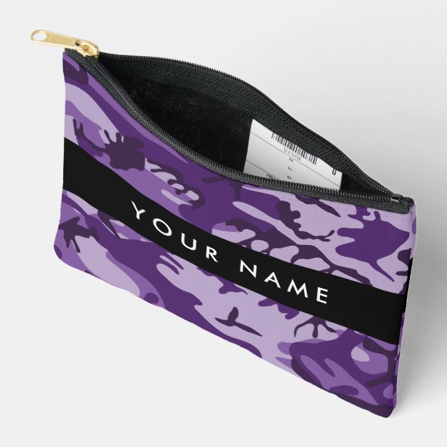 Purple Camouflage Your name Personalise Accessory Pouch (Open)