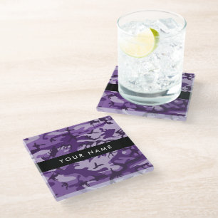 Purple Camouflage Your name Personalise Glass Coaster